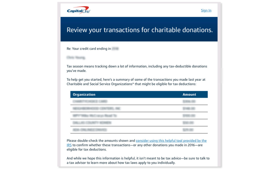CapOne charitable tax blog post
