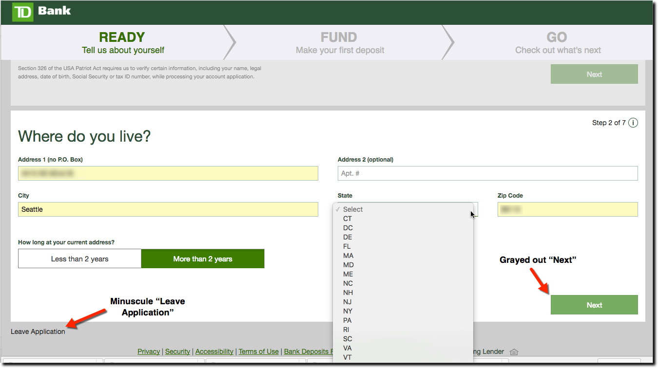 Friday Foibles: TD Bank Has Great Online Account Opening UX, Unless You Live West of the Mississippi