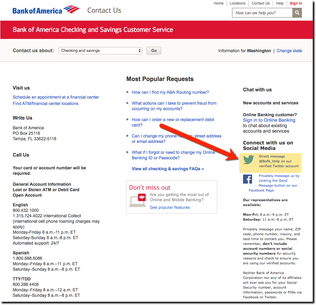 Customer Service UX: Bank of America Encourages Social Media Direct Messages